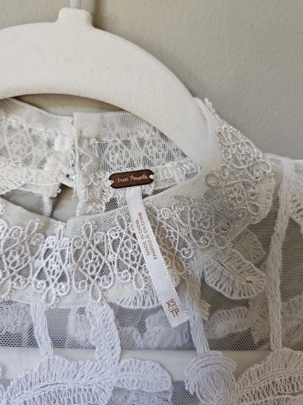 Free People Ivory Lace High Neck Boho Blouse XS Sheer Embroidered Top